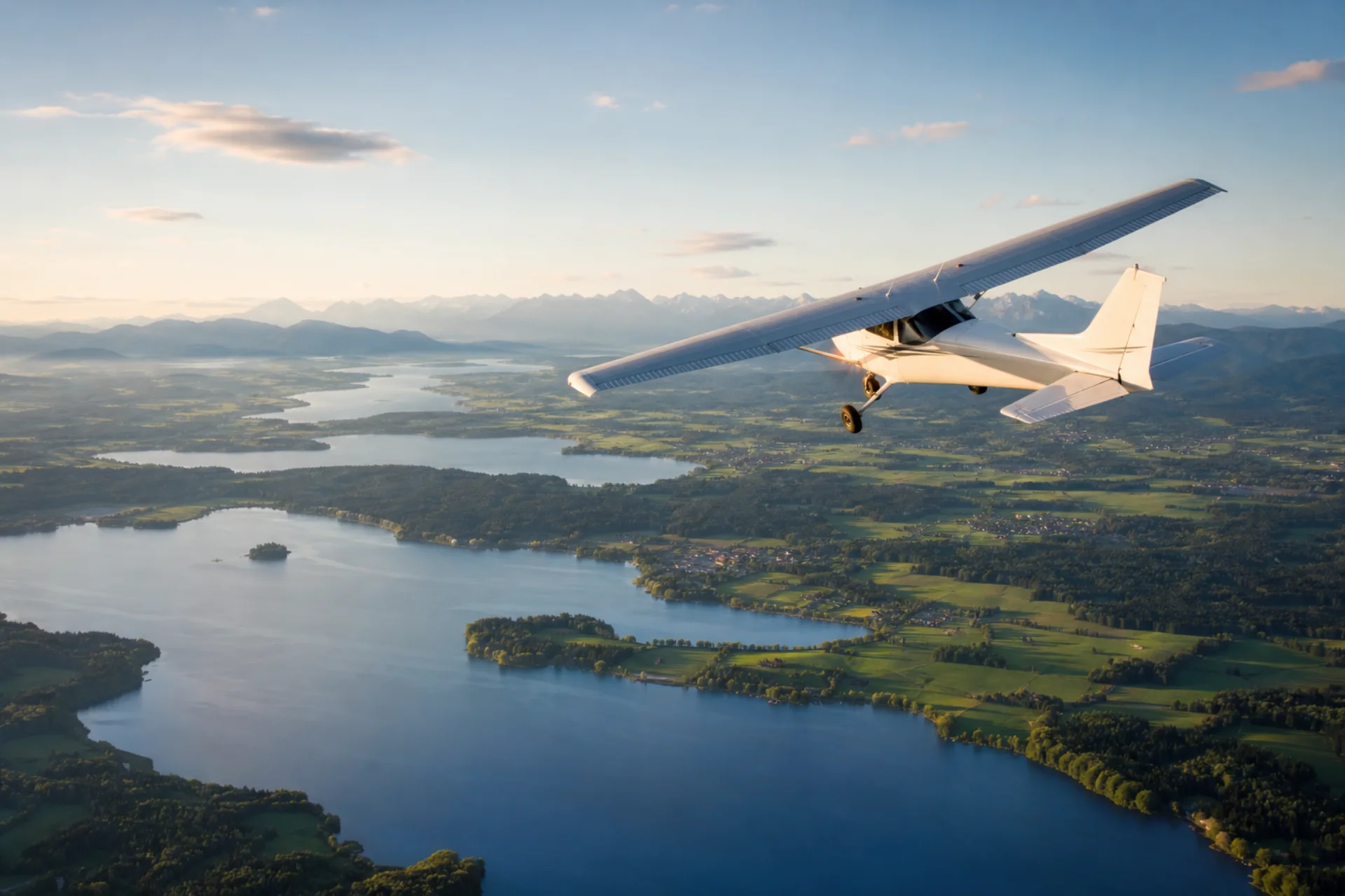 Ein Leichtflugzeug über bayerischen Seen und den Alpen